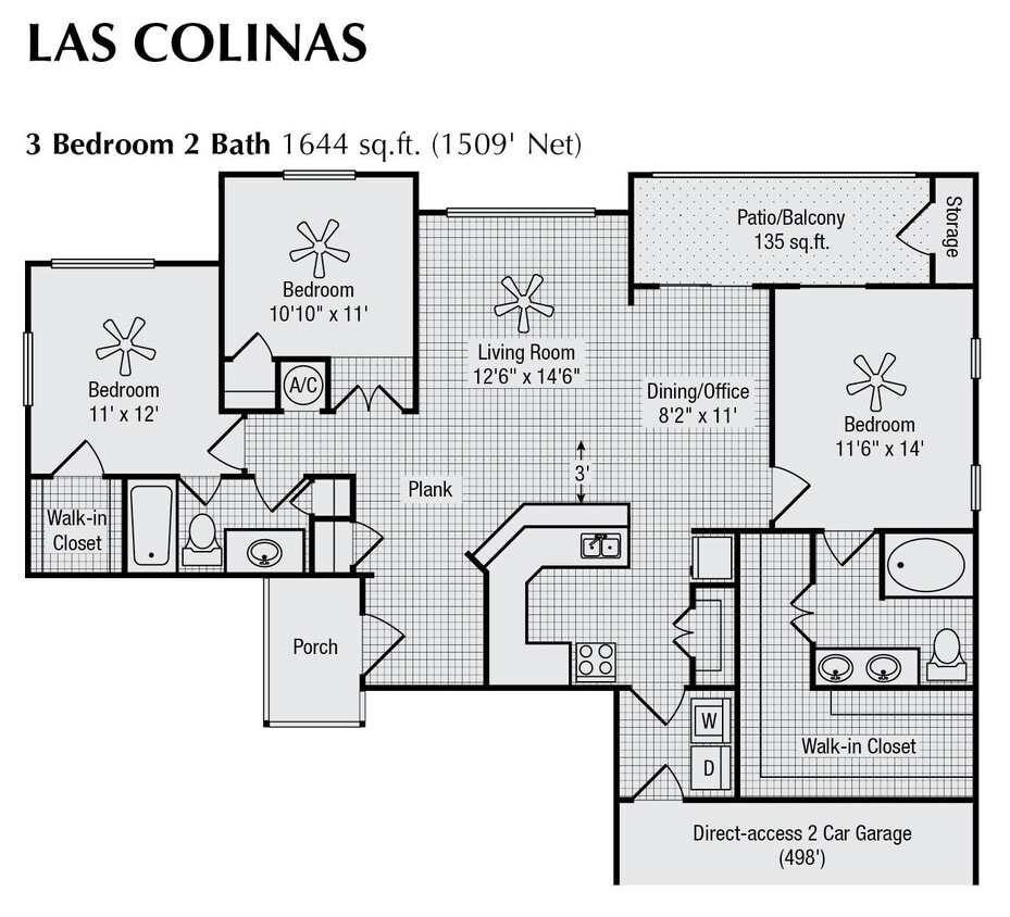 Floor Plan - 3 Bed 2 Bath 1644 SqFt (1509 Net)