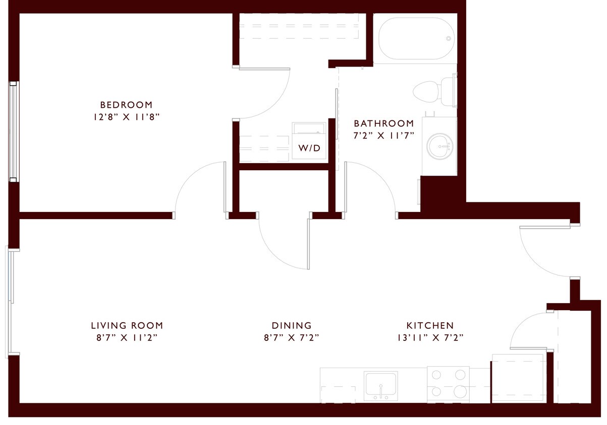 Experience modern living with this elegant apartment layout featuring an open-concept kitchen and cozy living area. - A4