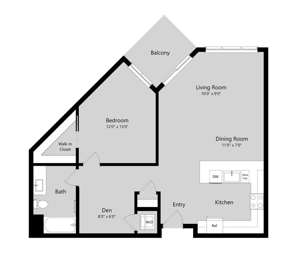 Floor Plan - 1 Bed 1 Bath Flat + Den B