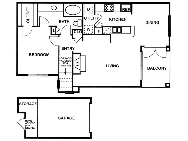 A2 one bed, one bath with attached garage, dining room and balcony - A2