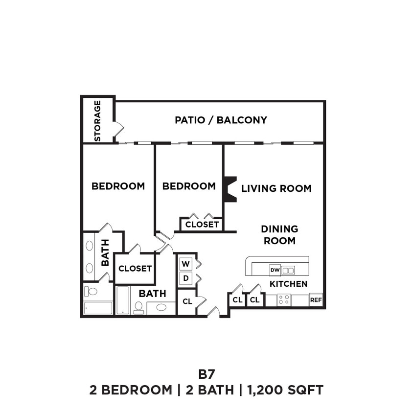 Floor Plan - Two Bed Two Bath - 1200 Sqft