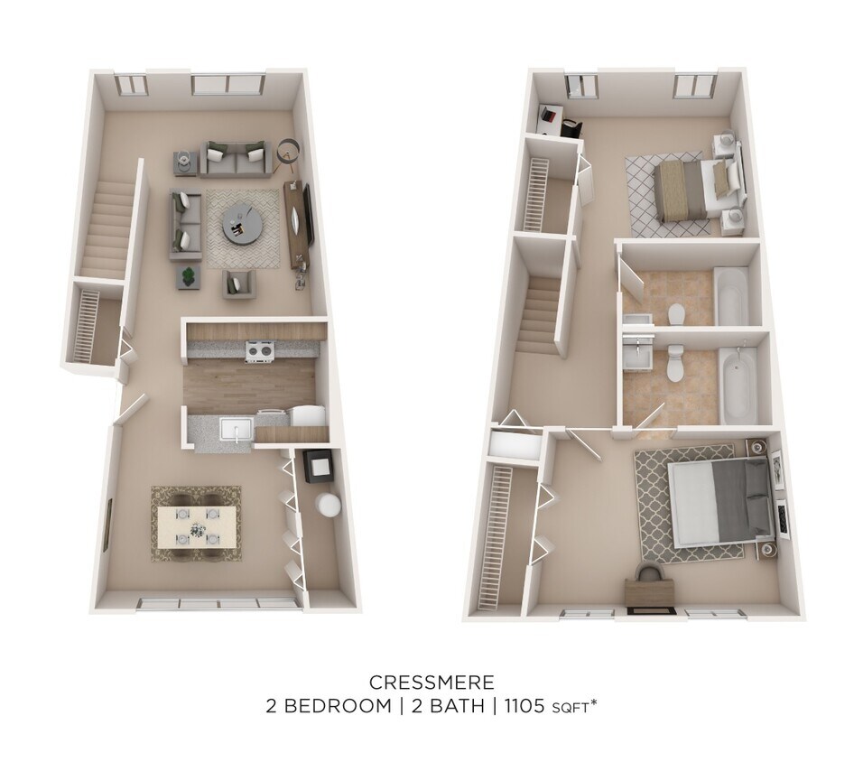 Floor Plan - Two Bedroom 2 Bath- 1105 sqft