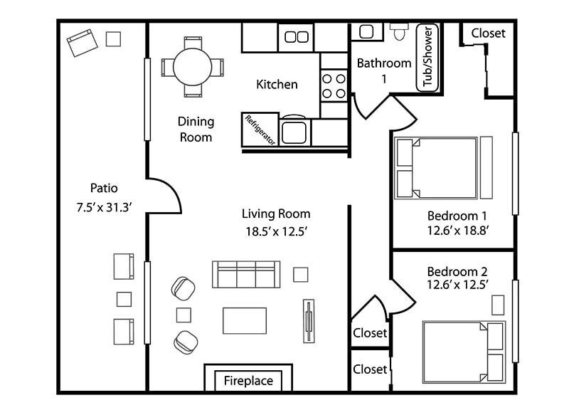 Floor Plan - 2BD, 1BTH