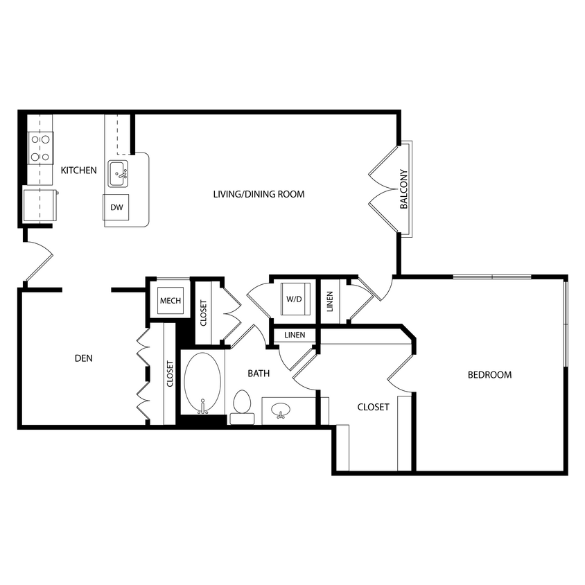Floor Plan - 1 Bedroom + Den, 1 Bath 934 SF KB3