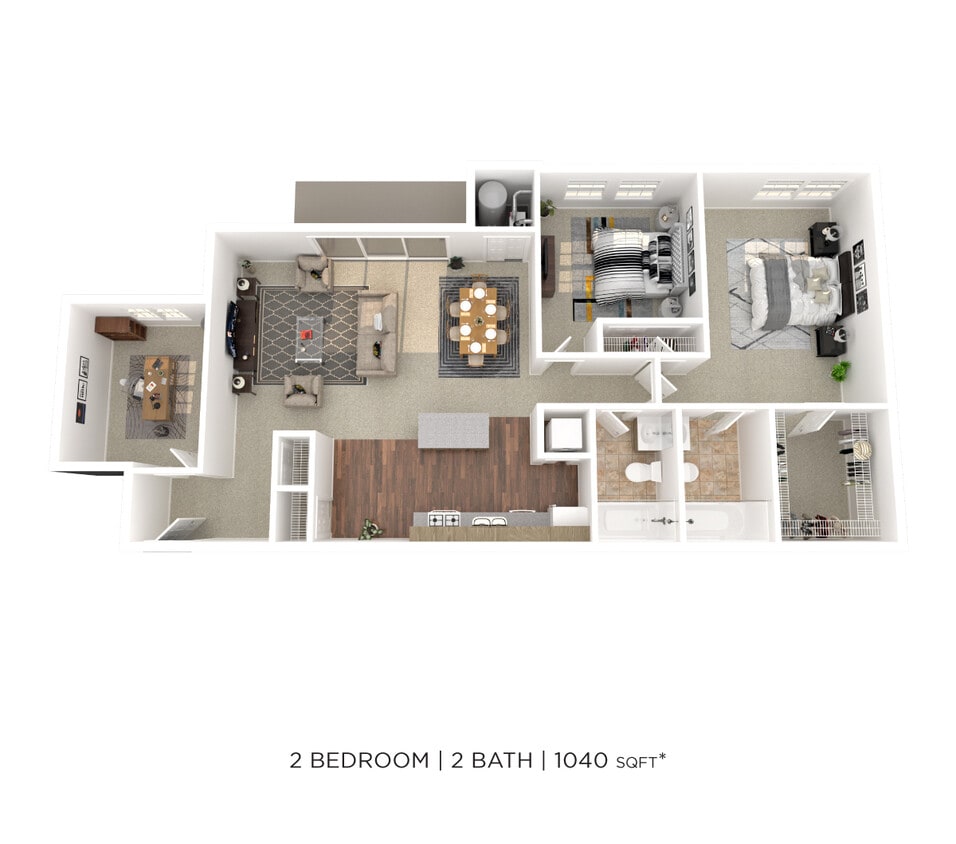 Floor Plan - Two Bedroom 2 Bath w/ Den - 1,040 sqft