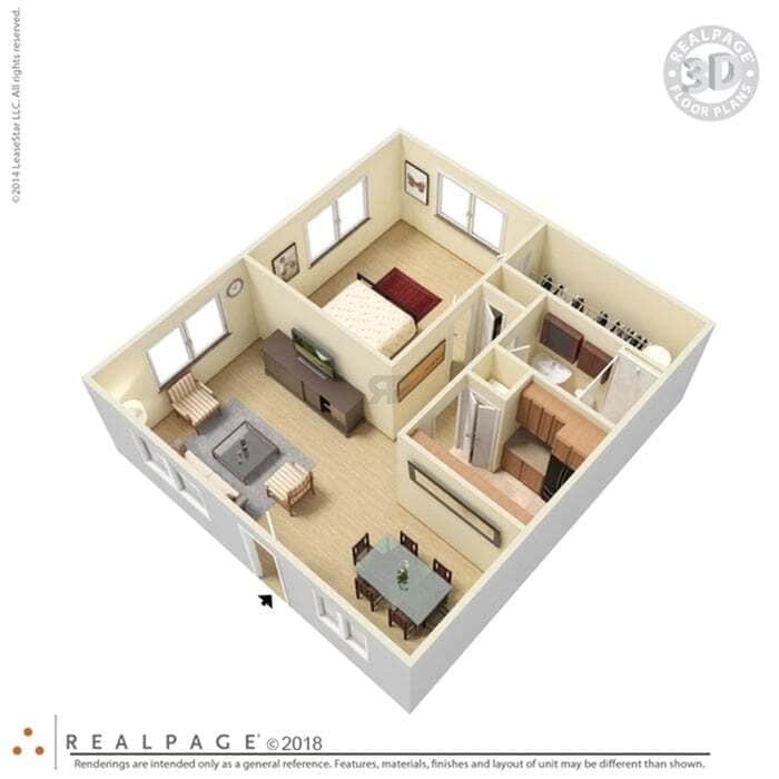 3D floor plan showcasing 1 bedroom, cozy living area, and modern kitchen with dining space. - 1b1 - Bimini