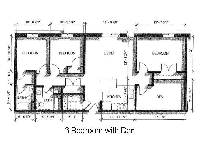 Floor Plan - 3 Bed 2 Bath + Den | 1500 sqft