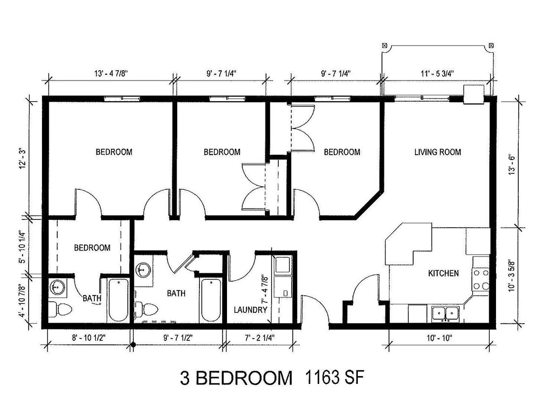 Floor Plan - 3 Bed 2 Bath | 1163 sqft