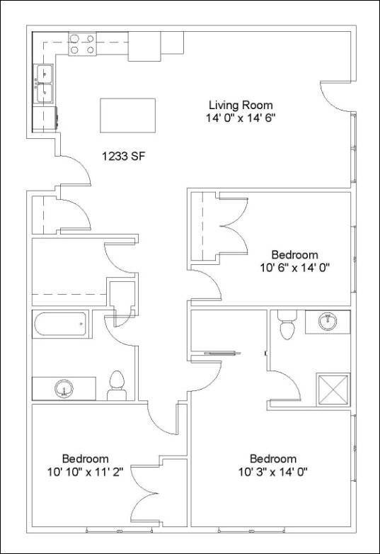 Floor Plan - 3 Bed/1.75 Bath | 1,009 SF