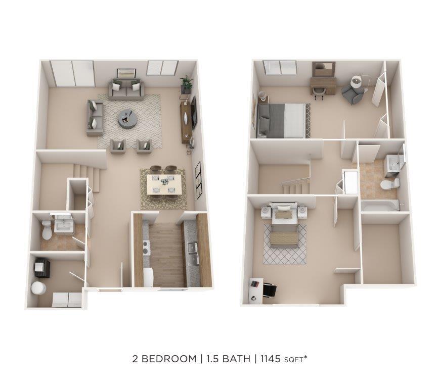Floor Plan - Two Bedroom 1.5 Bath Townhome - 1,145 sqft