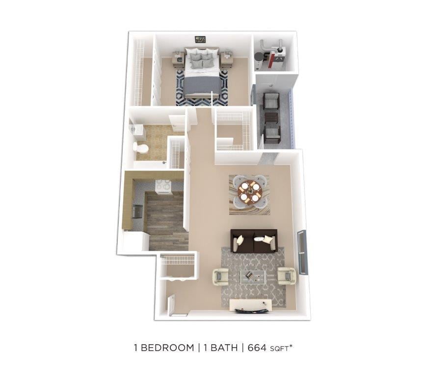 Floor Plan - One Bedroom - 664 sqft