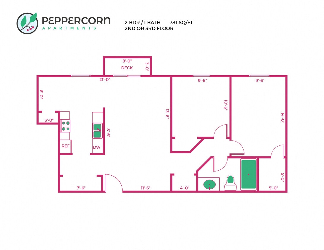 Floor Plan - 2 Bed, 1 Bath - 781 sq ft