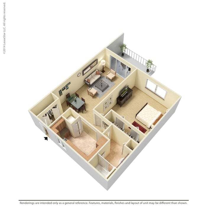 Charming 3D apartment floor plan showcasing a cozy living room, dining area, and a spacious bedroom with a balcony. - 1c1 - Key Largo