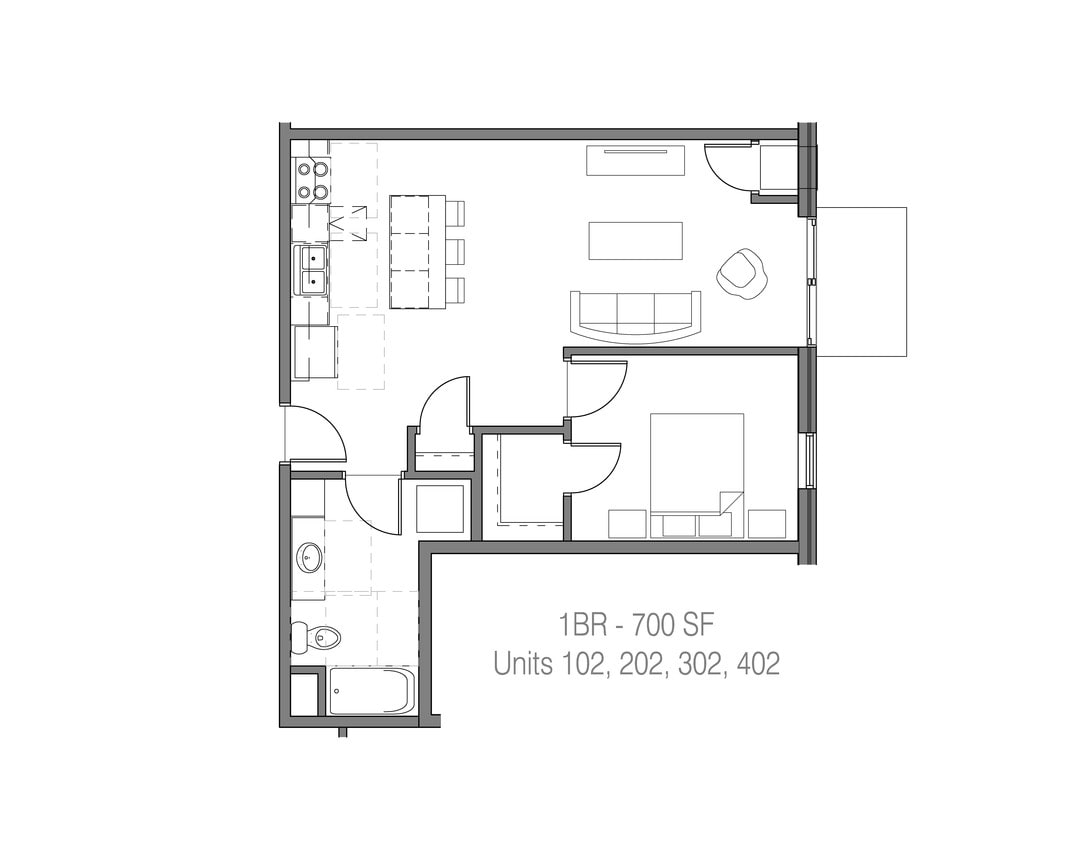 Floor Plan for 102, 202, 302 & 402 - 1 Bedroom - 02