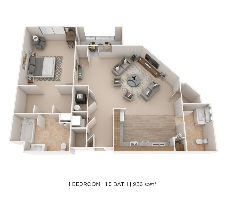 Floor Plan - One Bedroom 1.5 Bath- 926 sqft