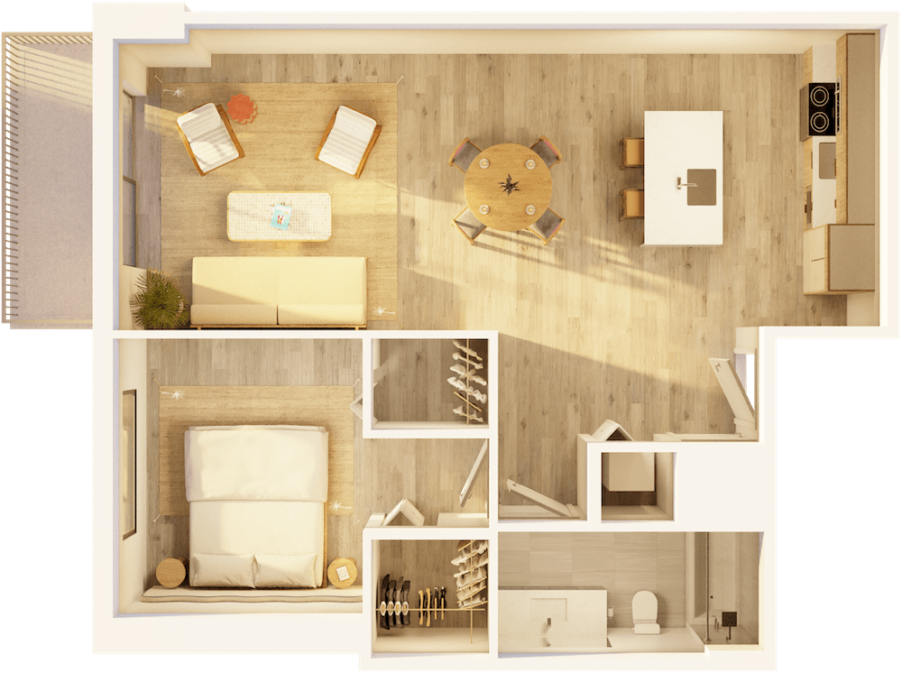 Floor Plan - West 1 BR Balcony Sunset B