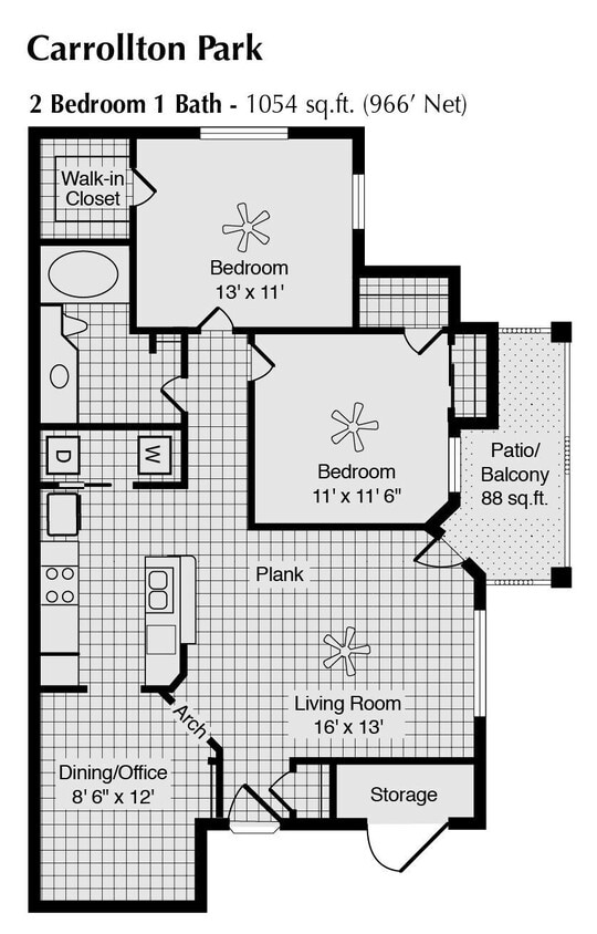 Floor Plan - 2 Bed 1 Bath 1054 SqFt (966 Net)