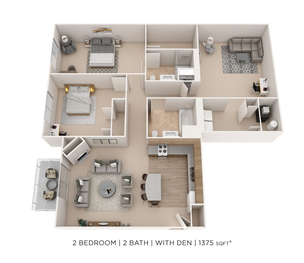 Floor Plan - Two Bedroom 2 Bath w/ Den- 1375 sqft