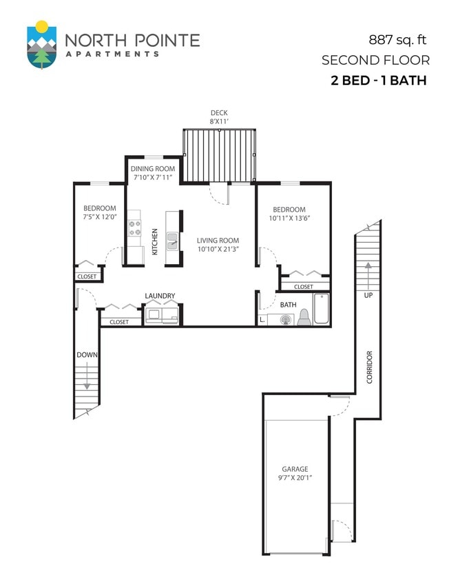 Floor Plan - 2 Bed, 1 Bath - 887 sq ft