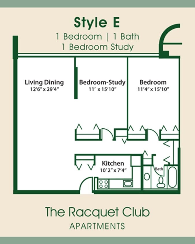 Floor Plan - 2 Bedroom, 1 Bath - E - 9th Floor