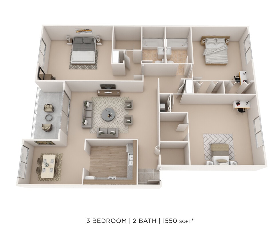 Floor Plan - Three Bedroom 2 Bath-1550 sqft