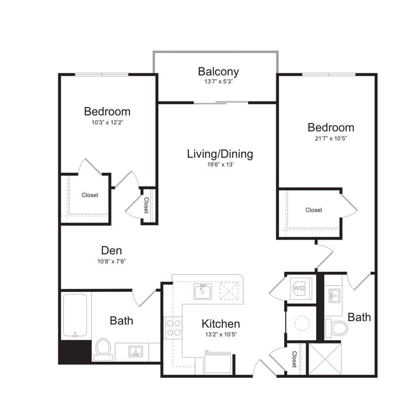 Floor Plan - Two Bedroom/Two Bath (2Ms-A) Den and Balcony