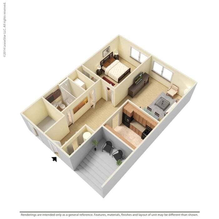 Charming 3D floor plan showcasing a stylish 1-bedroom apartment with a modern kitchen, cozy living area, and spacious bathroom. Ideal for comfortable urban living. - 1g1 - Saguna