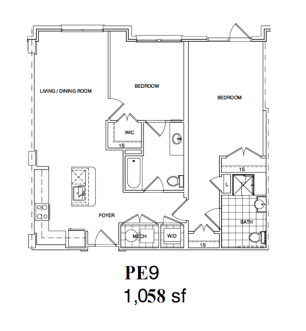 Floor Plan - 2 Bedroom, 2 Bath, 1058 SF | PE9