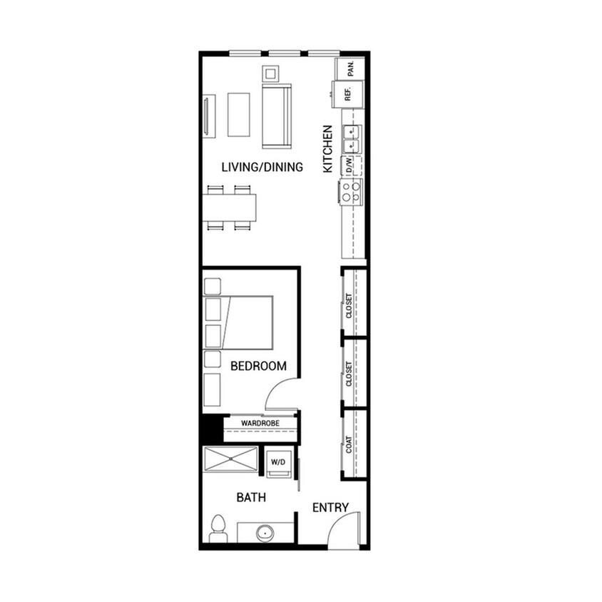 Modern 1-bedroom apartment floor plan with open living/dining area, sleek kitchen, and convenient laundry space. - A4