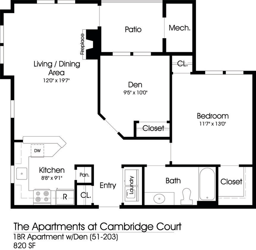 Floor Plan - 1BR 1BA (820sf)