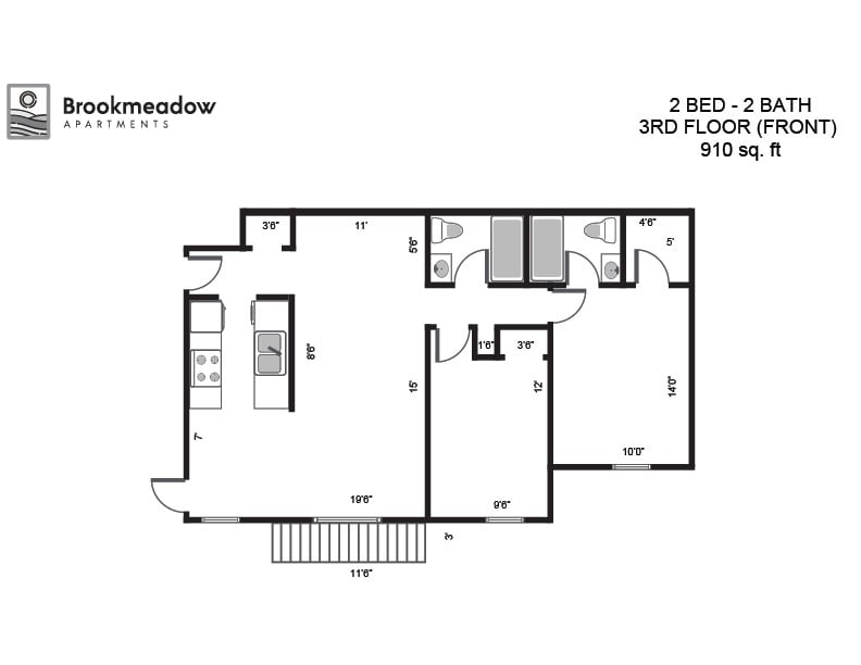 Floor Plan - 2 Bed, 2 Bath - 910 sq ft