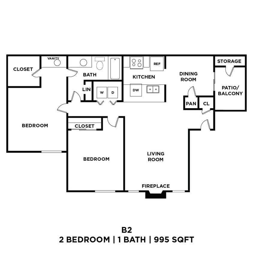 Floor Plan - Two Bed One Bath 995 Sqft