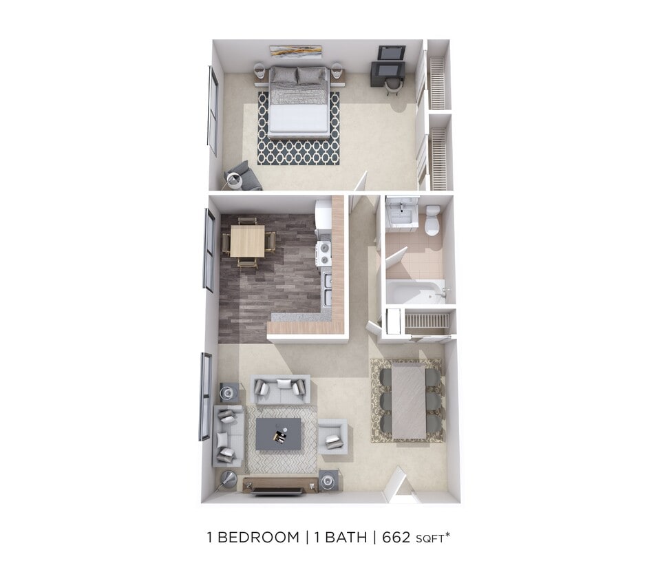 Floor Plan - One Bedroom - 662 sqft