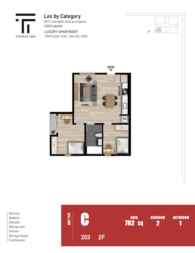 Floor Plan - 2 Bed 1 Bath - 762 sqft