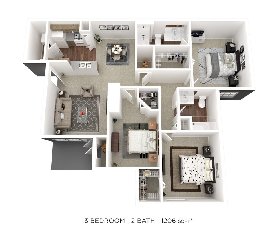 Floor Plan - Three Bedroom 2 Bath - 1,206 sqft