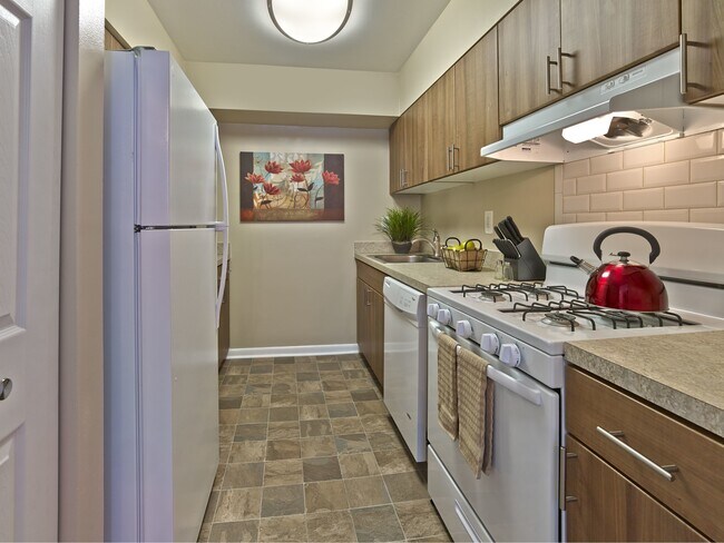 Stylish renovated kitchen at Haynes Run Apartments featuring wood cabinetry, gas cooking, a tile backsplash, and updated countertops for a modern living experience. - Haynes Run