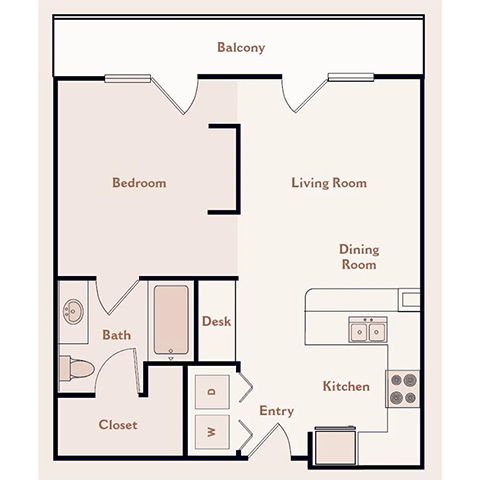 Floor Plan - The Williamsburg, 1 Bedroom 1 Bath