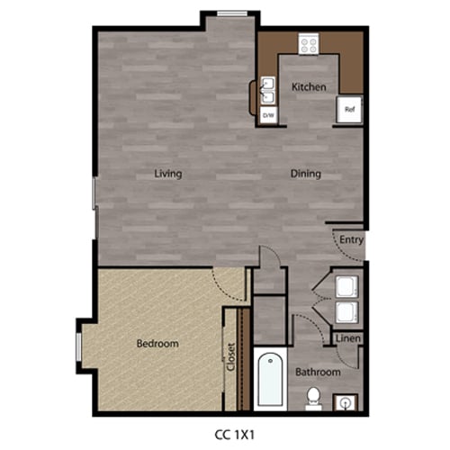 Floor Plan - 1 Bed, 1 Bath - 816 SF