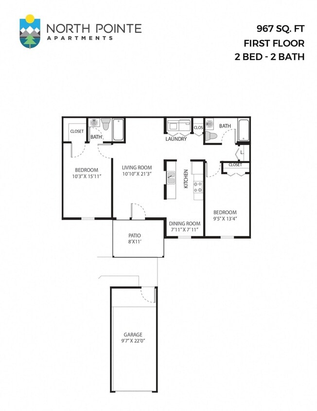Floor Plan - 2 Bed, 2 Bath - 967 sq ft