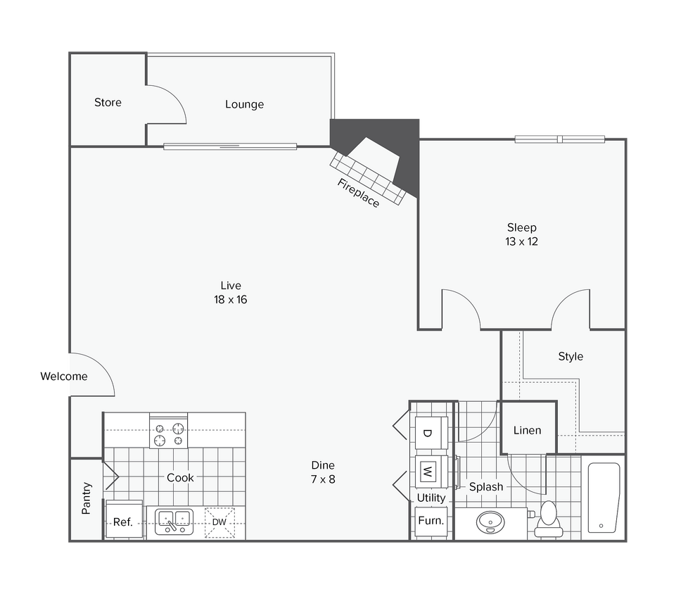 A1 | 1-Bedroom Floorplan - 1 Bed 1 Bath Washer Dryer