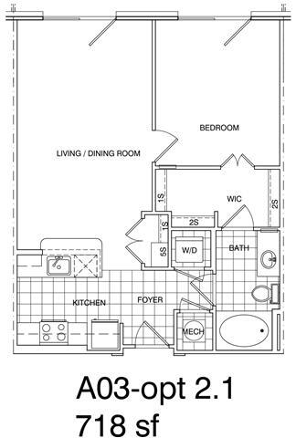 Floor Plan - 1 Bedroom, 1 Bath 718 SF KA3A