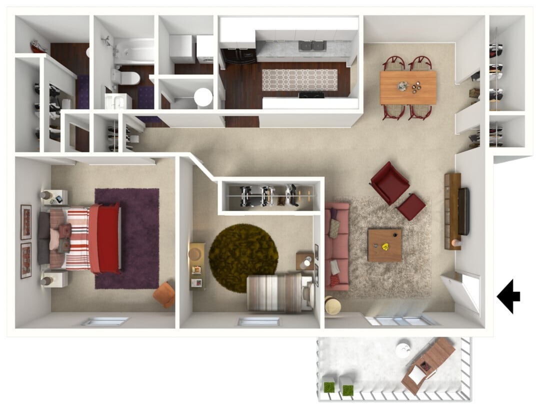 Village Green - 2B2B - Magnolia 1040-1060 SF - 3D Furn.jpg - Magnolia