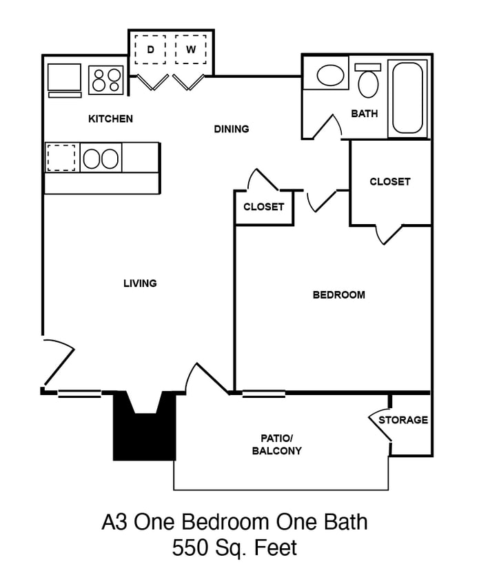 Floor Plan - A3 One Bedroom One Bath