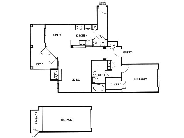 A5 one bed, one bath with attached garage, dining room and patio - A5