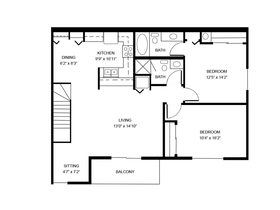 Floor Plan - 2 Bed, 2 Bath + Sitting Rm (C)