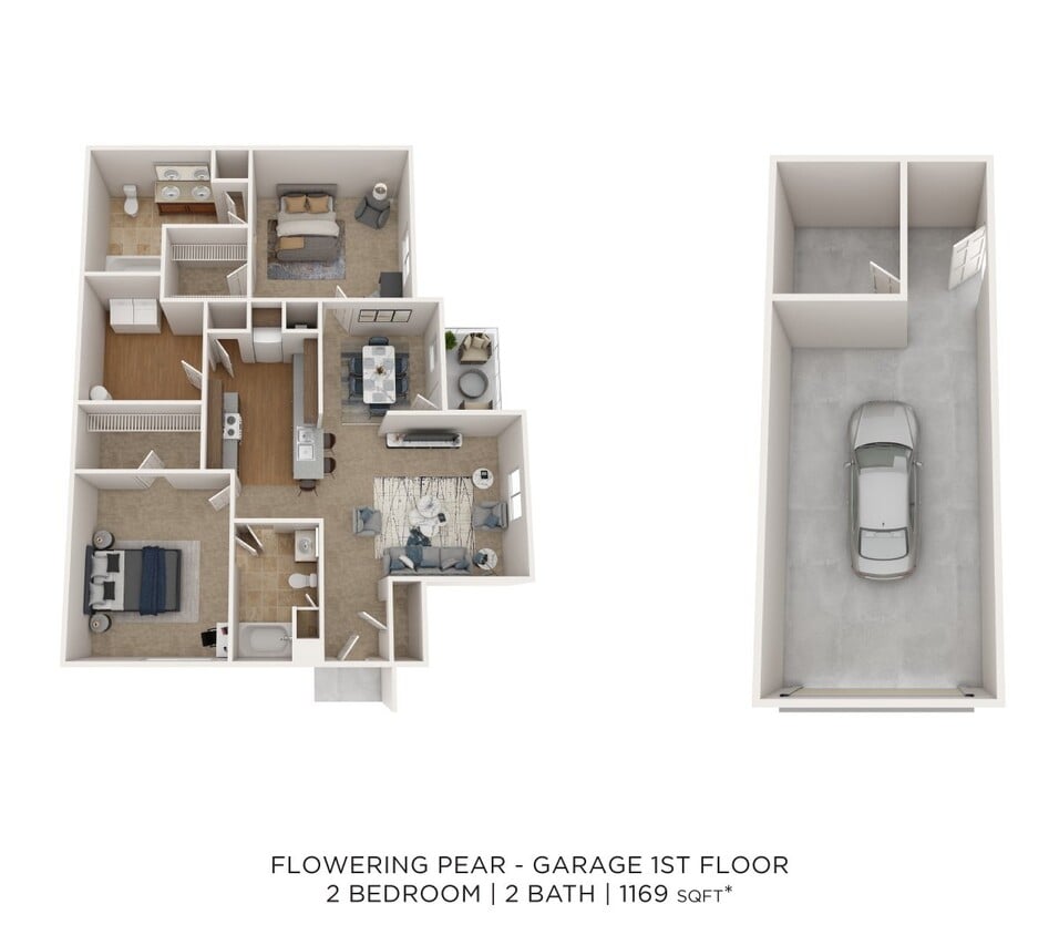 Floor Plan - Two Bedroom 2 Bath- 1169 sqft