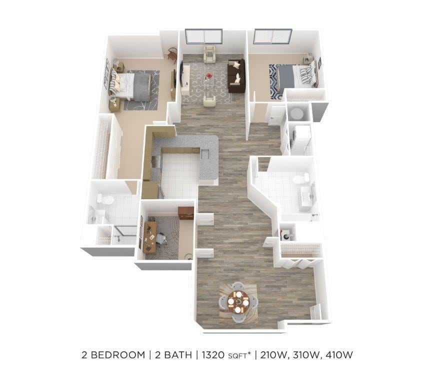 Floor Plan - Two Bedroom 2 Bath w/ Den- 1320 sqft