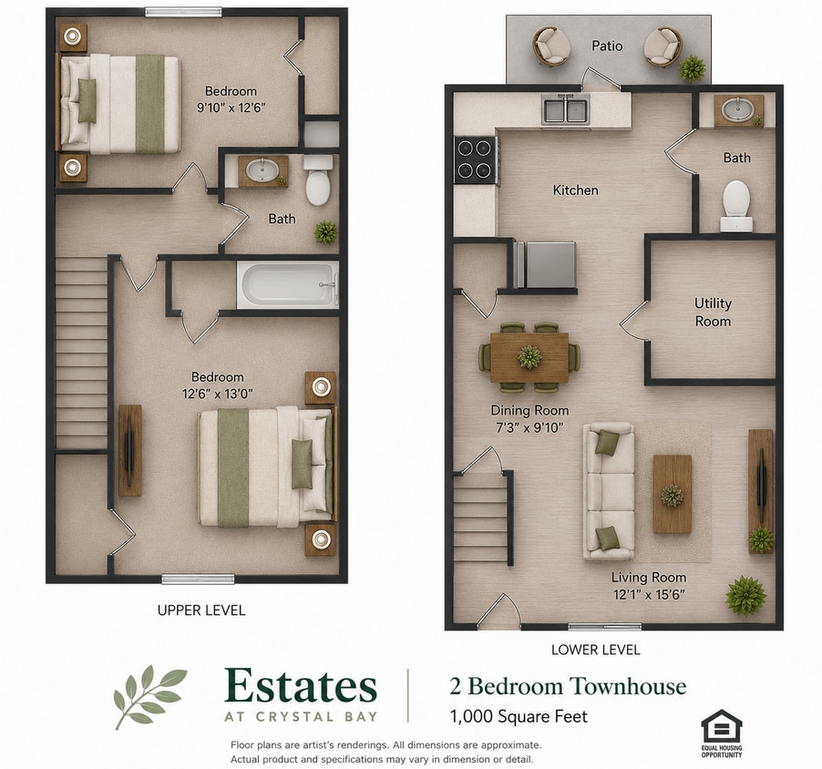 Floor Plan - Two Bedroom 1.5 Bath Townhouse 1000 sq ft