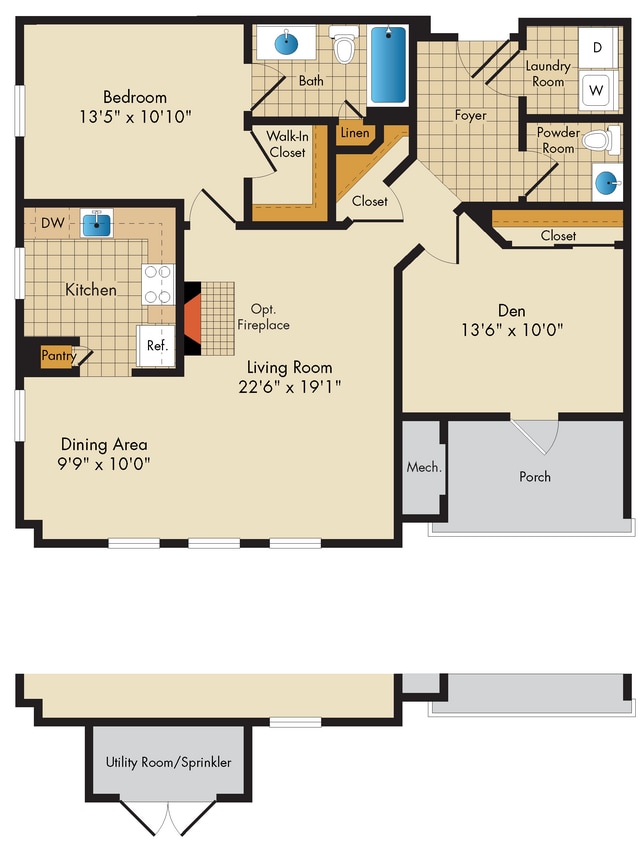 Floor Plan - 1 Bed 1.5 Bath Den