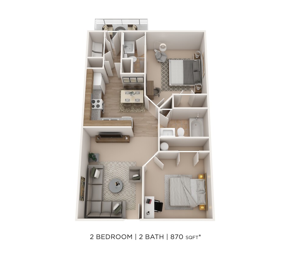 Floor Plan - Two Bedroom 2 Bath- 870 sqft